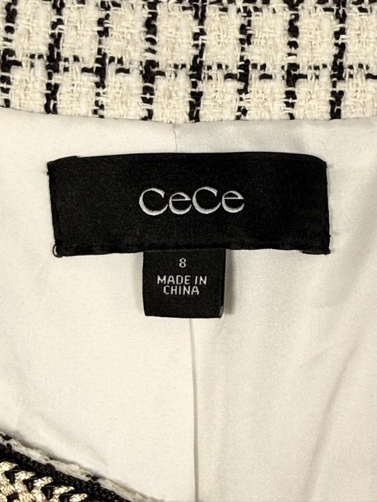 CeCe | Crew Neck Black & White Tweed Fit & Flare Dress Silver Button Down - Picture 9 of 15
